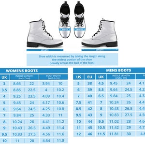 Pode incluir: Botas brancas com atacadores pretos s&atilde;o exibidas, juntamente com uma tabela de tamanhos para botas femininas e masculinas. A tabela fornece medidas em cm para o comprimento da palmilha e a largura do p&eacute;, com os tamanhos correspondentes dos EUA, UE e Reino Unido.