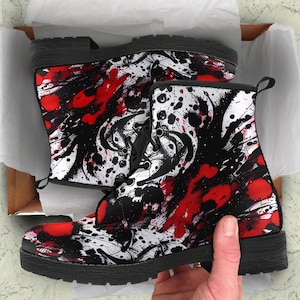 Combat Boots Red And Black Ink Splatter Custom Vegan Leather Boots, Birthday Gifts for Her Casual Shoes