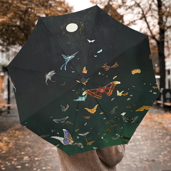 Moths To The Moon Umbrella, Celestial Moth Parasol For Women, Waterproof Rain Umbrella, Witchy Custom Umbrella, Witchy Gift For Her