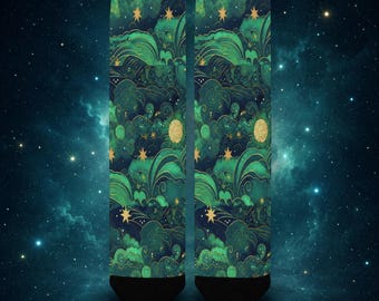 Teal Cosmic Clouds & Golden Stars Crew Socks for Women – Celestial Star Socks, Made in USA