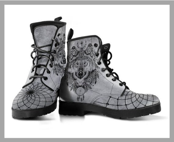 Boho Wolf Design Vegan Leather Combat Boots - Etsy display picture 1