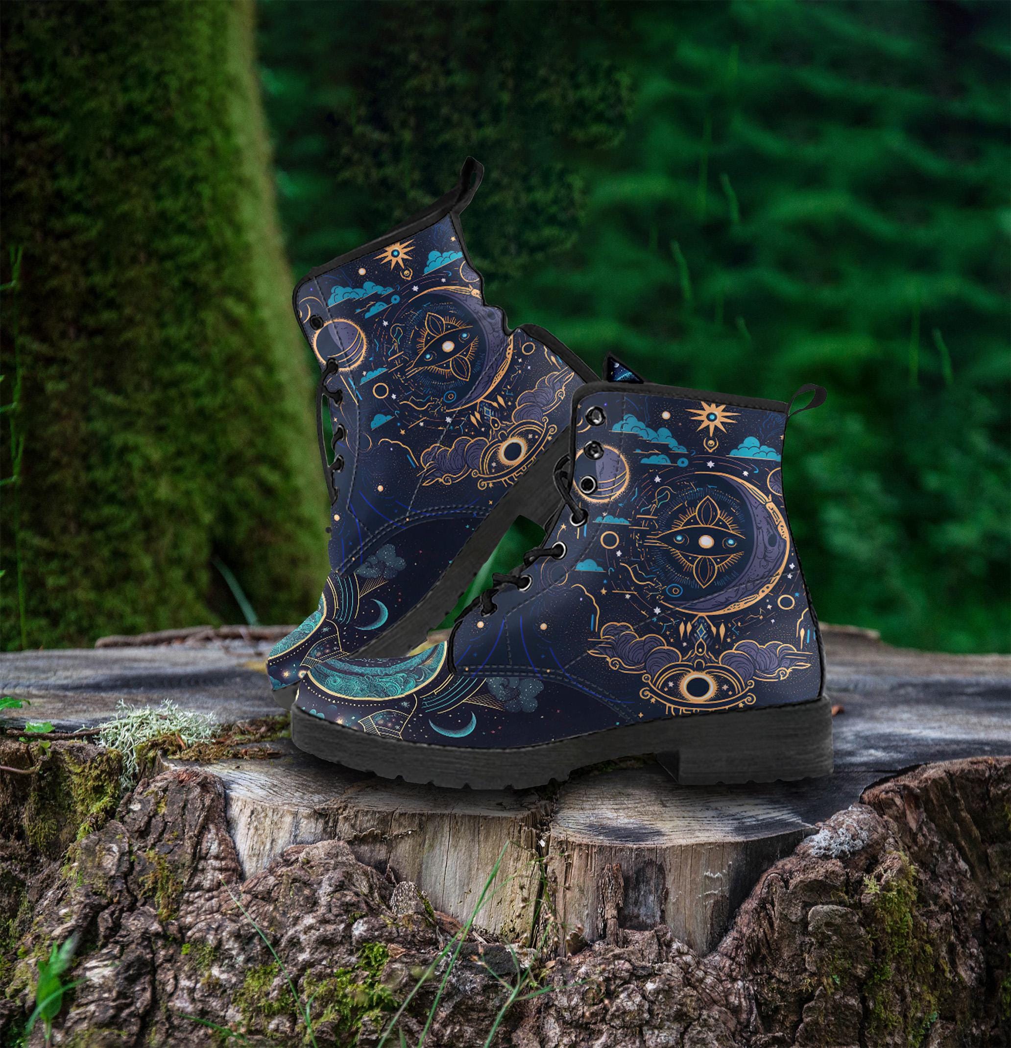 Celestial Moon Vegan Leather Boots, Mother's Day Gifts for Her Casual Cool Unisex Adult Shoes