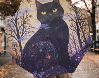 Witchy Black Cat Umbrella, Folk Art Galaxy Cat Automatic Folding Umbrella, Cottagecore Cat Rain Umbrella, Cat Lover Gift, Whimsigoth Gift
