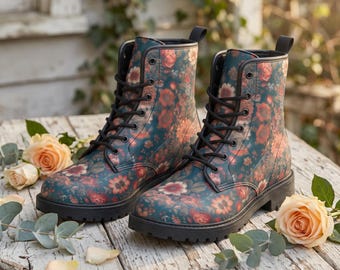 Vintage Copper Peach Florals Vegan Leather Combat Boots, Cottagecore Platform Boots Women, Victorian Teal Floral Ankle Boots, Gift