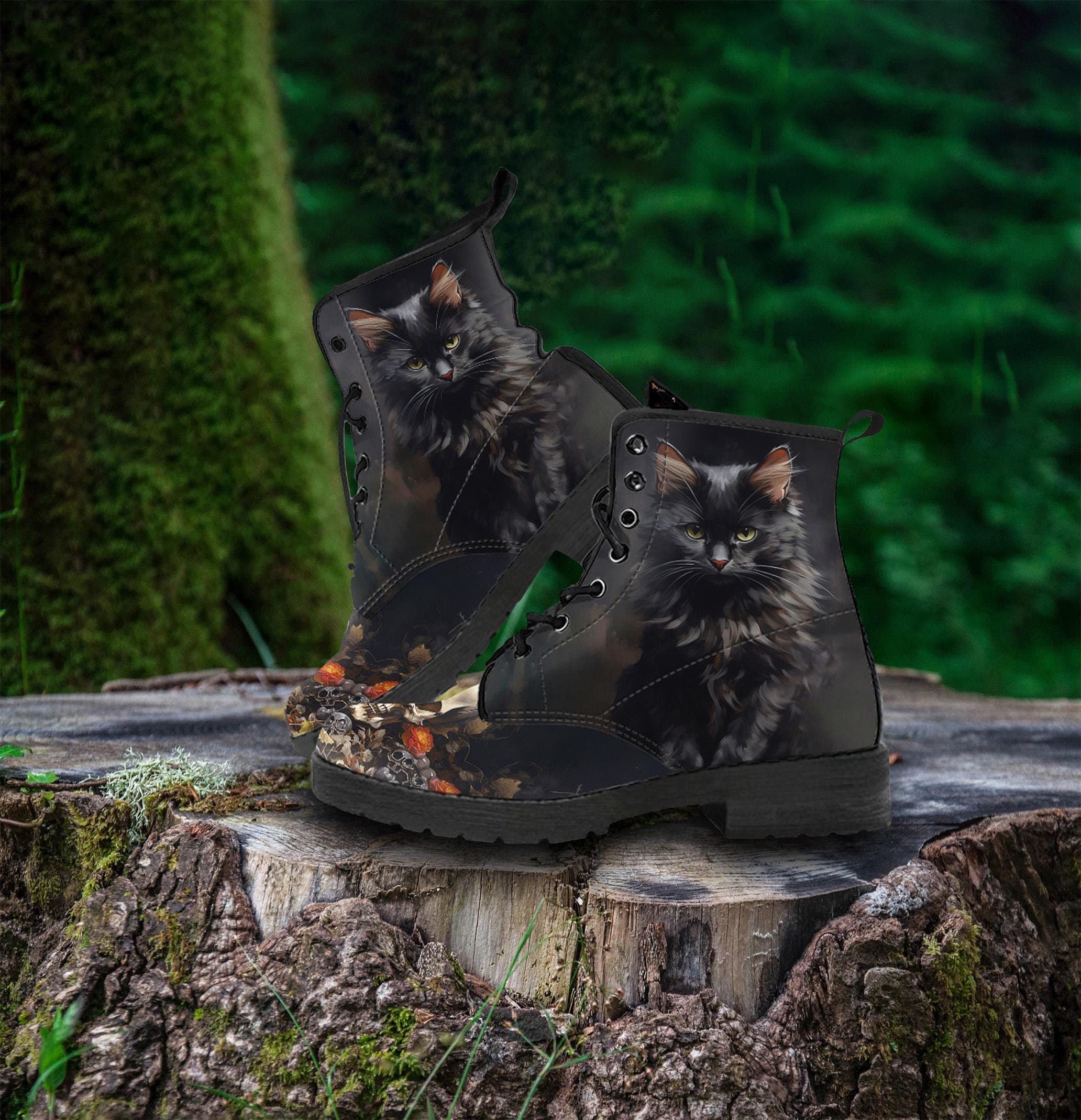Gothic Cat Vegan Leather Combat Boots: Animal Lover Gift