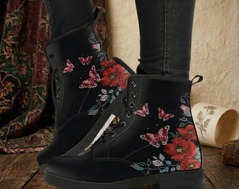 Poppy Butterfly Vegan Leather Combat Boots: Dark Boho Romantic Gift