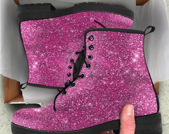 Combat Boots Women's Pink Sparkle Glitter Custom Leather Boots, Gifts for idea Cute