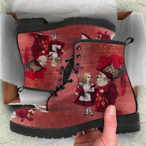 Combat Boots Alice in wonderland Red Custom Vegan Leather Boots,   Alice Gifts for Her Goth Casual Cute Shoes