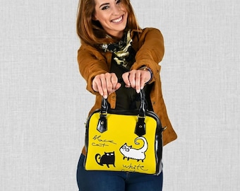 Black and White Cat Shoulder Bag — Vegan Leather Handbag for Cat Lovers, Yellow Cute Purse Made to Order