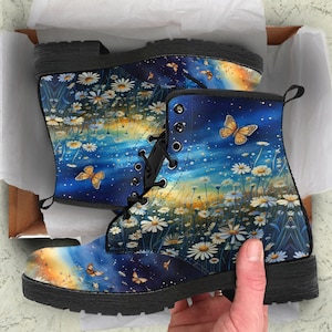 Shimmering Starlit Daisies Vegan Leather Boots, Birthday Gifts for Her Custom Shoes Women Combat Boots
