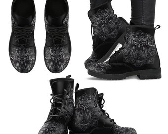 Combat Boots Women Black Owl Handcrafted Boots, Leather Shoes Fashion Girlfriend Gİfts Her, Bohemian Boots Outdoor