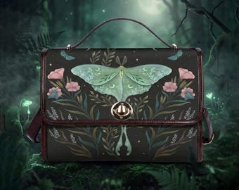 Luna Moth Handtasche aus veganem Leder – Gothic-Blumenmuster