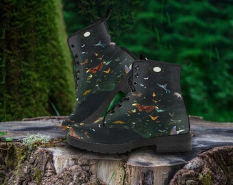 Moths To The Moon Combat Boots, Gothic Night Sky Platform Boots, Vegan Leather Boots For Women, Celestial Lace Up Boots, Witchy Gift