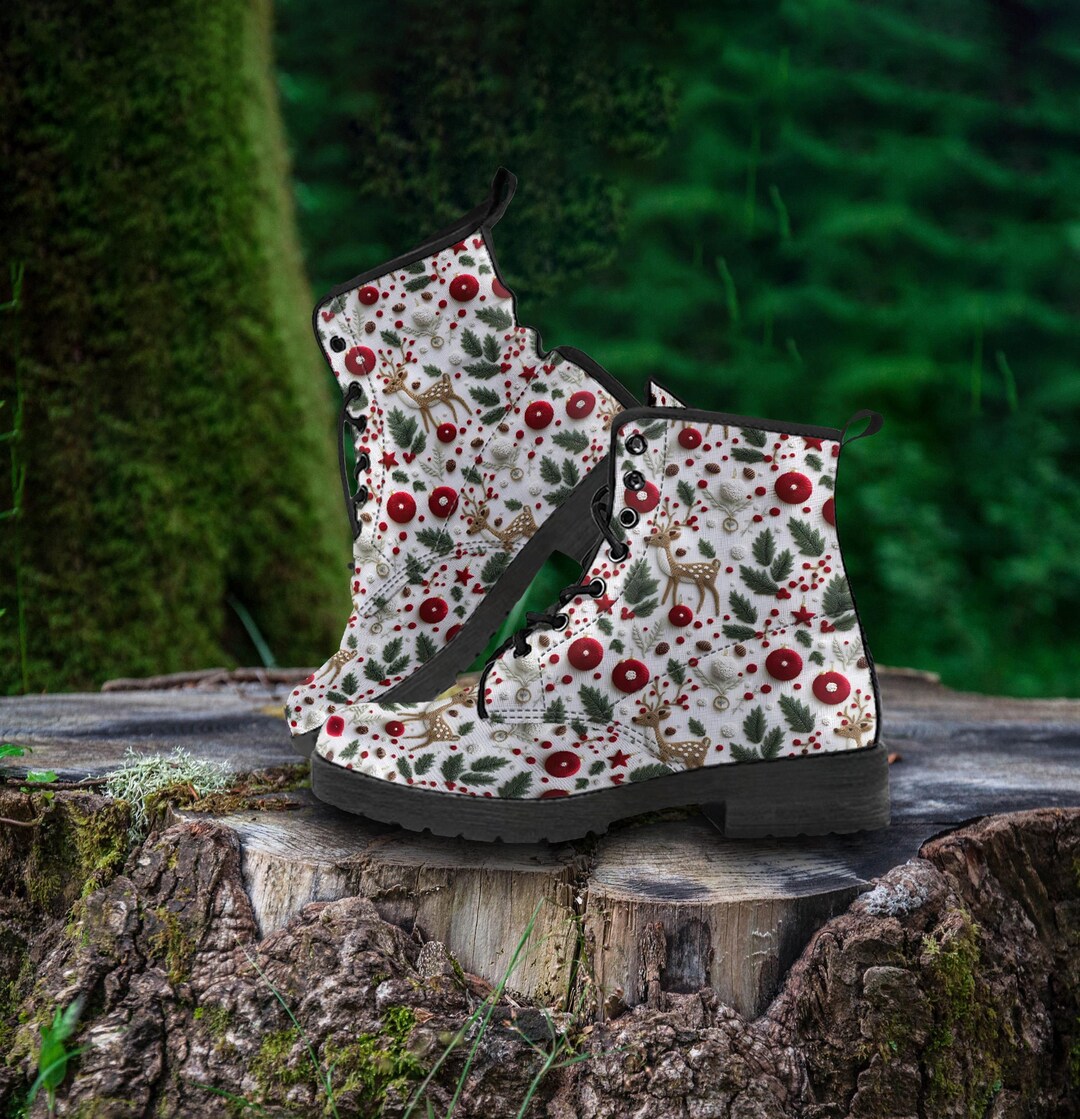 Rustic Reindeer Christmas Combat Boots | Vegan Leather Woodland