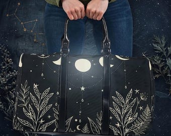 Moon Phase Travel Bag, Dark Celestial Weekender Bag for Women, Witchy Botanical Custom Gift