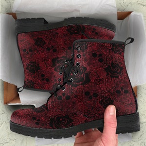 Combat Boots Red Rose Skulls Vegan Leather Boots, Mother&#39;s Daty Gifts for Her Custom Girls Shoes Casual Boots