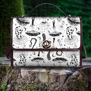 Black White Mushrooms Women&#39;s Vegan Leather Handbag, Birthday Gifts for Her Cottagecore Bag, Hippies Boho Bag, Goth Bag Weekender Bag