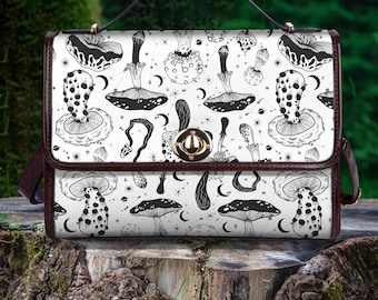 Mushroom Vegan Leather Handbag, Cottagecore Boho Witchy Bag, Goth Shoulder Purse