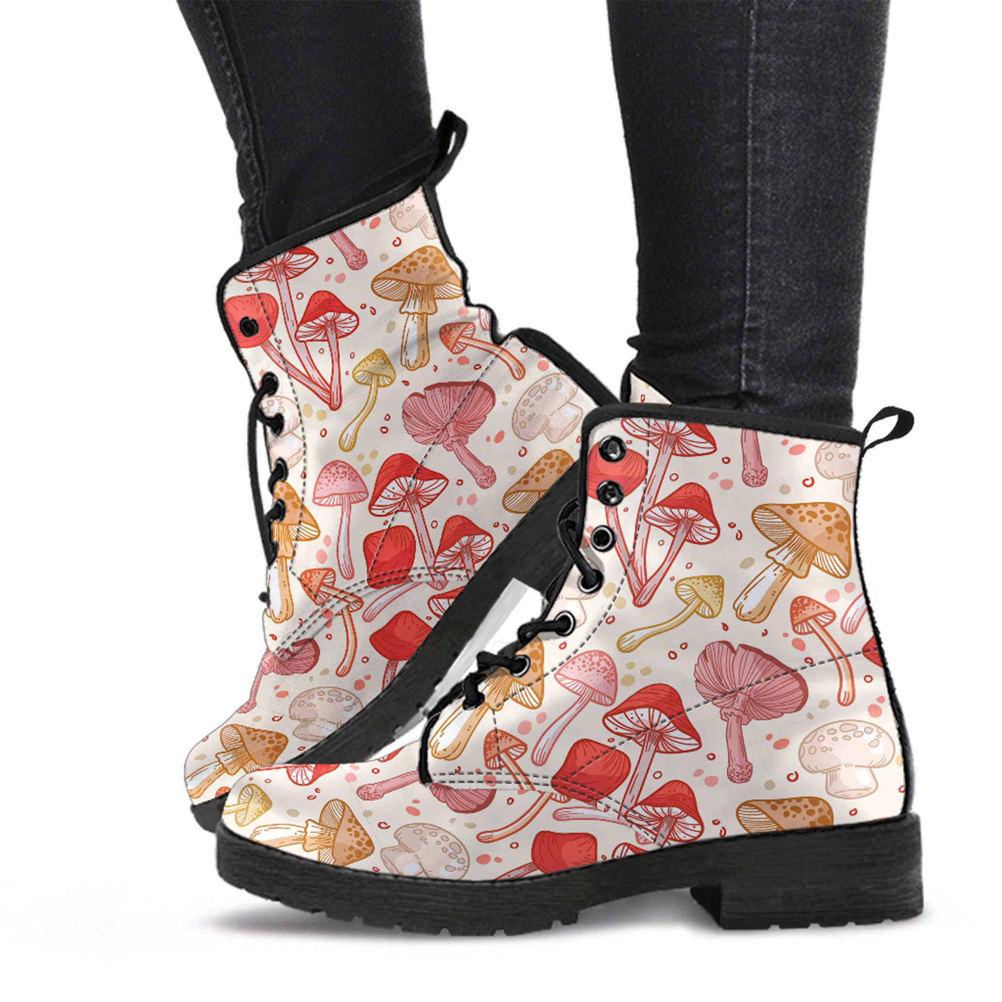 Combat Boots Woman's Hand Drawn Mushrooms Custom Leather Etsy