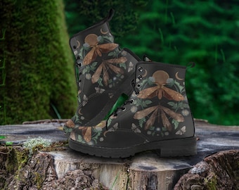 Lunar Moth Print Combat Boots, Fairycore Platform Boots, Vegan Leather Boots For Women, Celestial Lace Up Boots, Moth Lover Gift