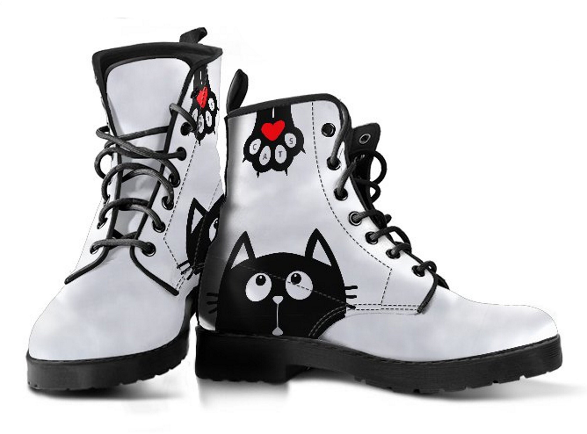 Cute Black Boots Cats Womens Fashion Vegan Leather Combat Etsy