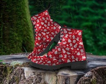 Red Christmas Vegan Leather Combat Boots - Gingerbread Holiday Shoes