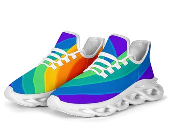 Tênis com sola em formato de M com listras arco-íris | Tênis de corrida unissex personalizado | Presente de aniversário para ela