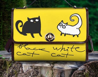 Black and White Cat Handbag, Vegan Leather Shoulder Bag for Women, Unique Custom Gift