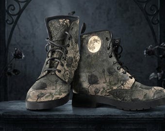 Dark Black Roses Moon Women's Vegan Leather Boots: Celestial Witchy Gift
