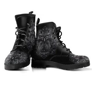 Combat Boots Women Black Owl Handcrafted Boots, Leather Shoes Fashion Girlfriend Gİfts Her, Bohemian Boots Outdoor