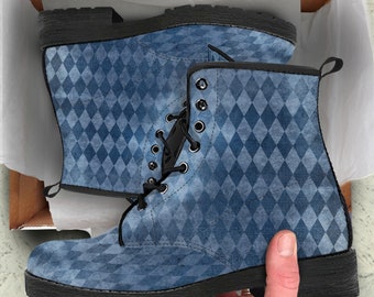 Blue Distressed Harlequin Colored Leather Boots, Mother's Day Gifts for Her Vegan Leather Combat Shoes