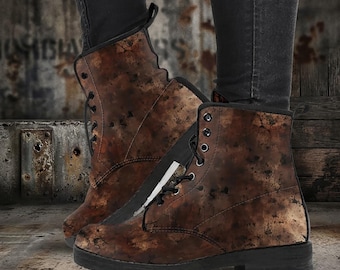 Brown Distressed Vegan Leather Combat Boots: Grunge Style