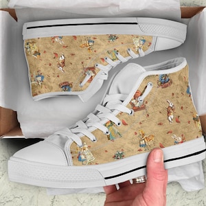 Zapatos altos personalizados de Alicia en el País de las Maravillas, regalos de Alicia para góticos, zapatos casuales con corbata.