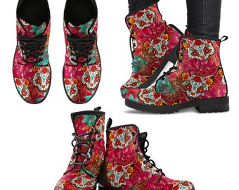 Combat Boots Sugar Skulls Cat Women's Leather Boots,   Cat lover Gifts for Her, Platform Shoes