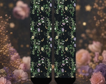 Midnight Pastel Flowers & Golden Stars Crew Socks for Women – Celestial Floral Socks, Made in USA