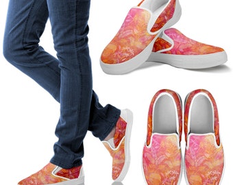 Floral Print Slip-On Sneakers Slip On Shoes, Custom Canvas Slip Ons for Women, Comfortable Fashion Gift