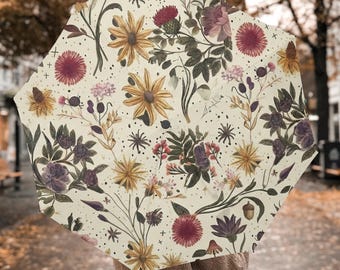 Vintage Meadow Floral Umbrella, Cottagecore Wildflower Automatic Folding Umbrella, Cream Rain Umbrella, Nature Lover Gift, Floral Gift