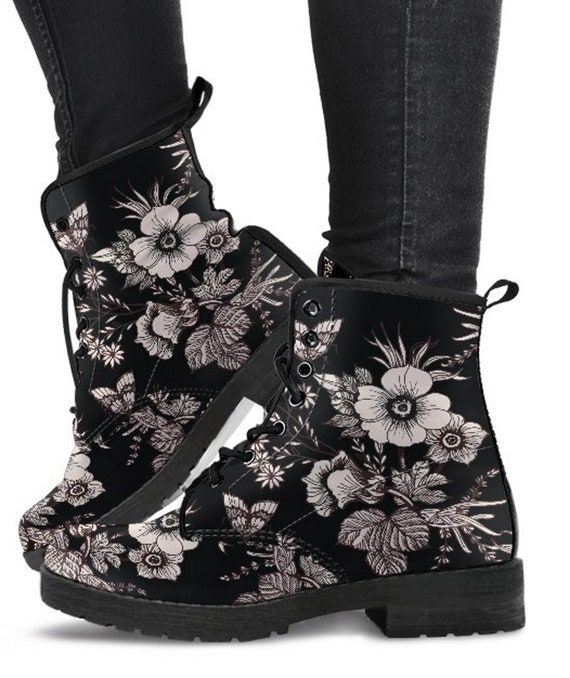 Black Flower Boots Mandala Womens Fashion Vegan Leather Combat | Etsy