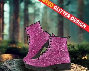 Pink Sparkle Combat Boots: Vegan Glam Festival Shoes
