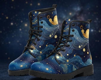 Starry Night Galaxy Vegan Leather Combat Boots