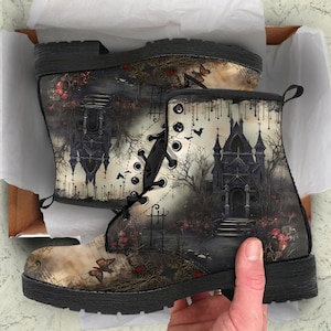Butterfly Flower Goth Paper Vegan Leather Boots, Combat Shoes Unisex Adult Shoes Casual Boots