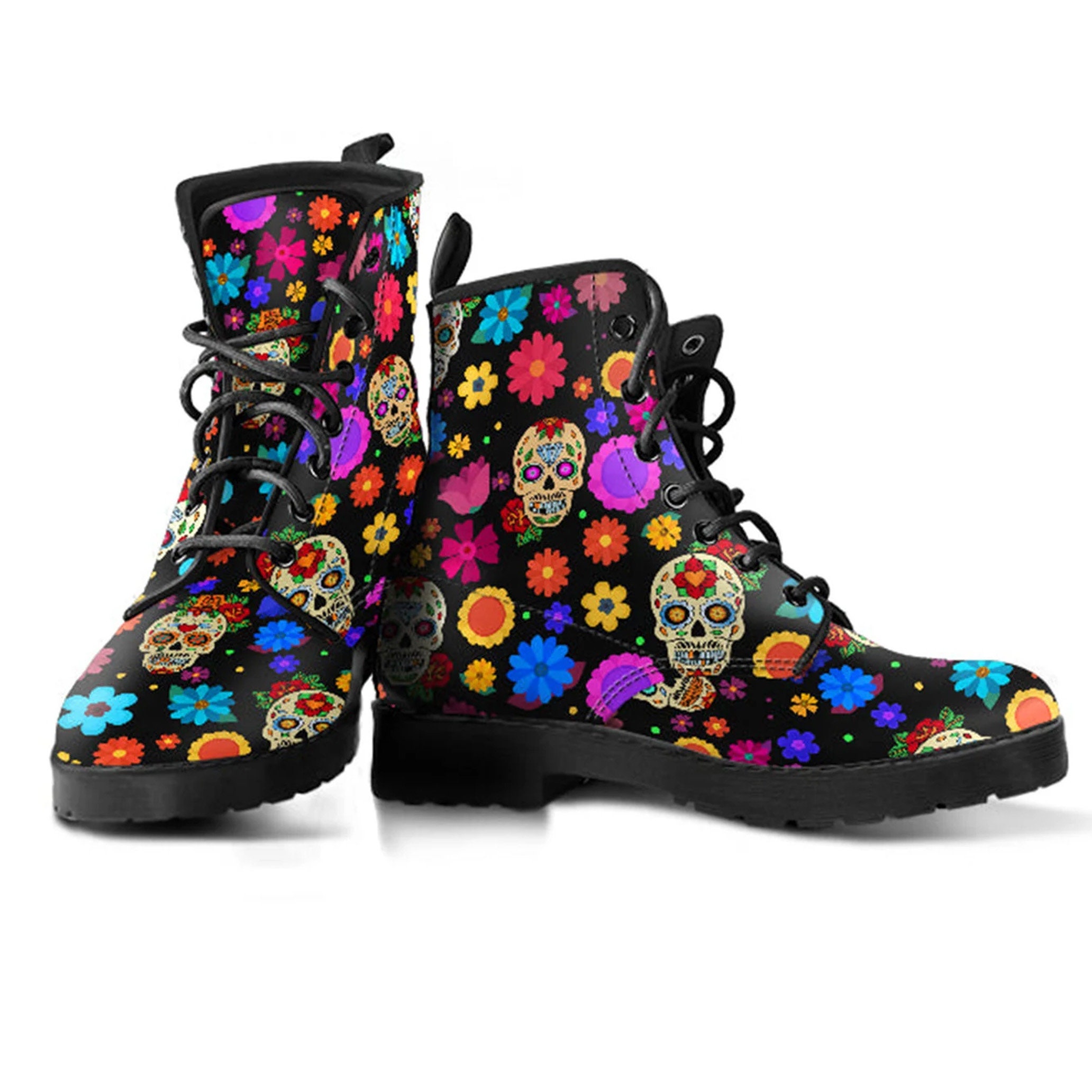 Stivali da combattimento in pelle vegana con teschio di zucchero, regali per amici, scarpe con fiori personalizzate
