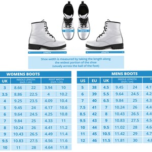 Size chart for women's and men's vegan leather combat boots showing US, EU, UK sizing with insole length and foot width measurements