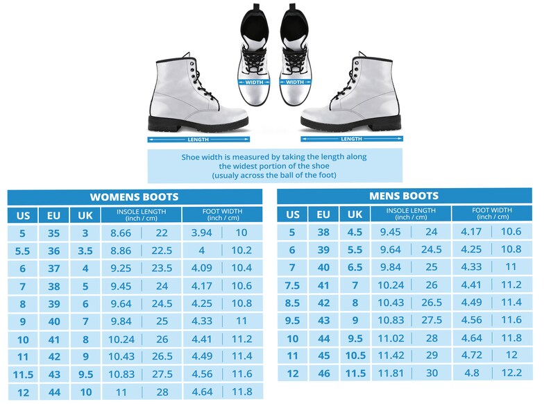 Size chart for women's and men's vegan leather combat boots showing US, EU, UK sizing with insole length and foot width measurements
