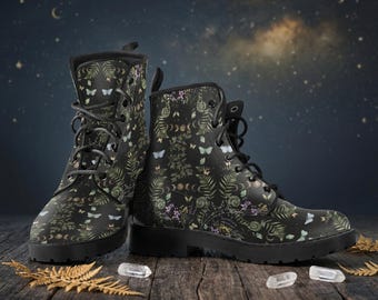 Dark Cottagecore Moon & Butterfly Vegan Leather Combat Boots: Whimsigoth Gift