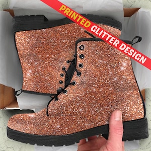 Orange Sparkle Glitter Vegan Leather Boots, Mother&#39;s Day Gifts for Her Outdoor Walking Girl Shoes  Casual Cute Boots