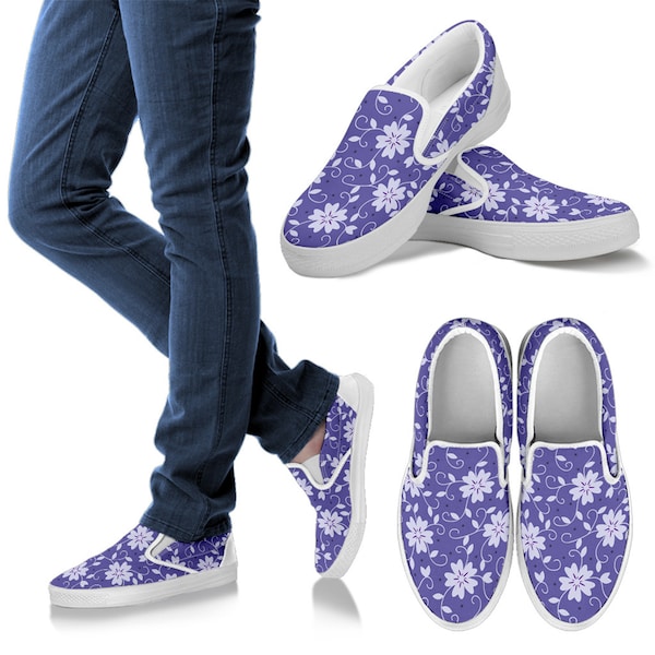 Woman's Pruple Flowers Custom Slip Ons Sneakers, Mother's Day Gifts for idea Casual Cute Vans Shoes