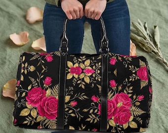 Pink Rose Travel Bag, Dark Floral Weekender Bag for Women, Bold Botanical Custom Gift