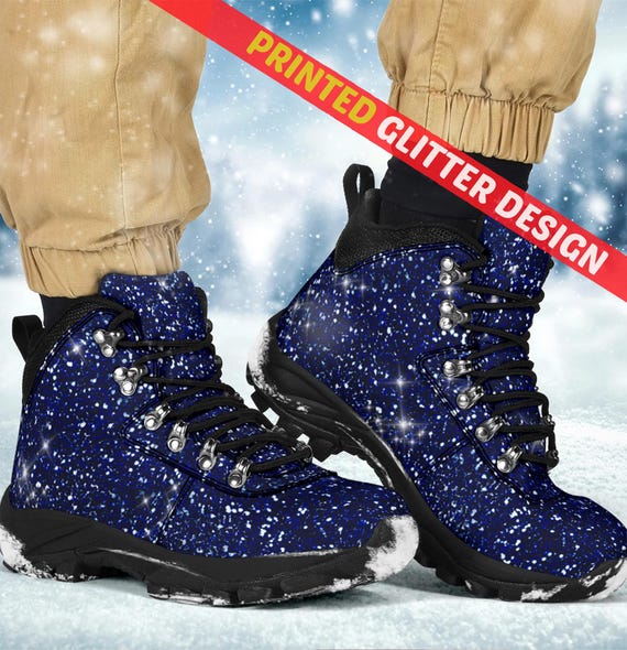 Blue Sparkle Print Alpine Boots: Vegan Leather Winter Boots  display picture 1