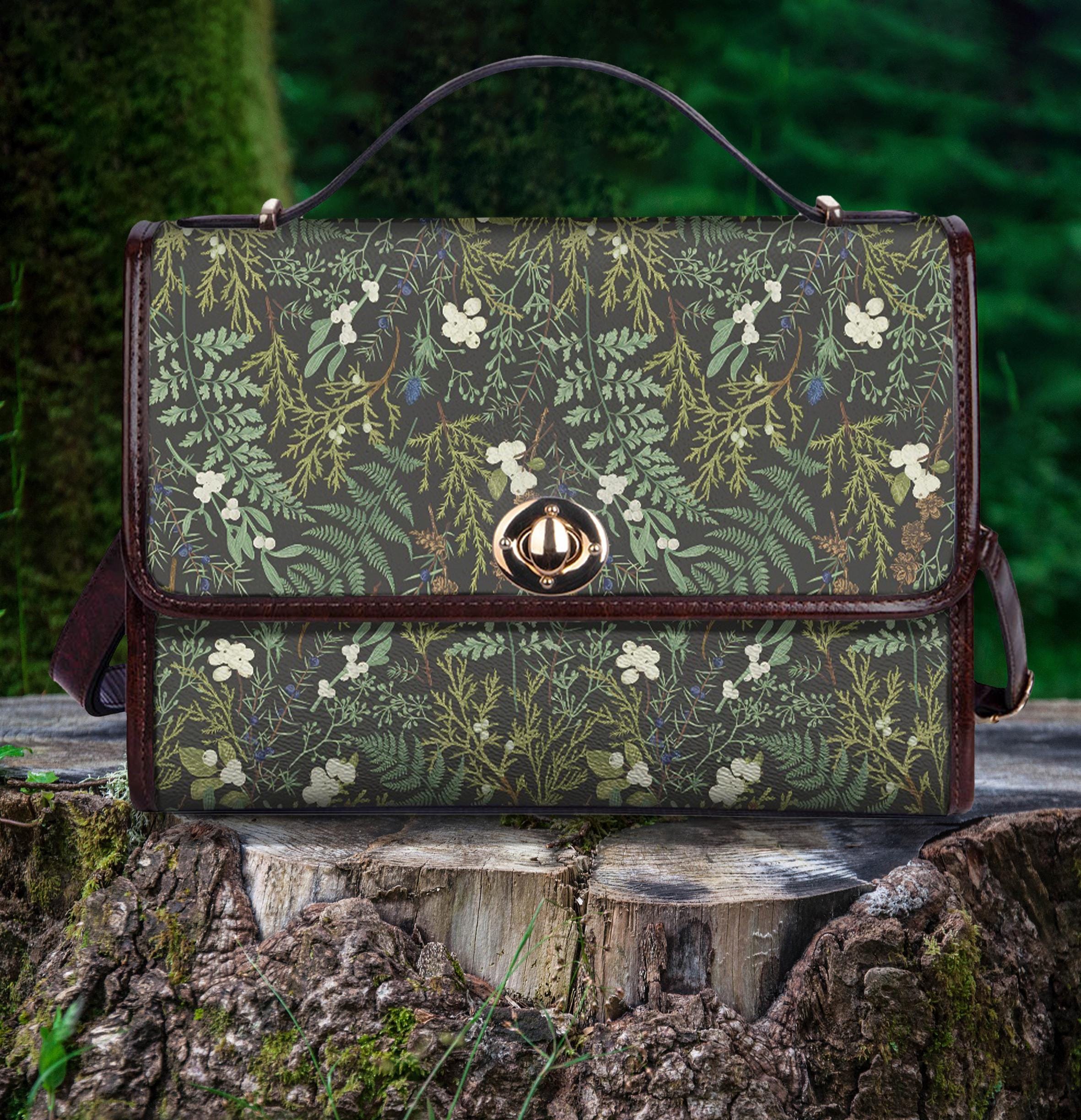 Cottagecore Green Witch Themed Handbag, Forest Herbal Print Vegan